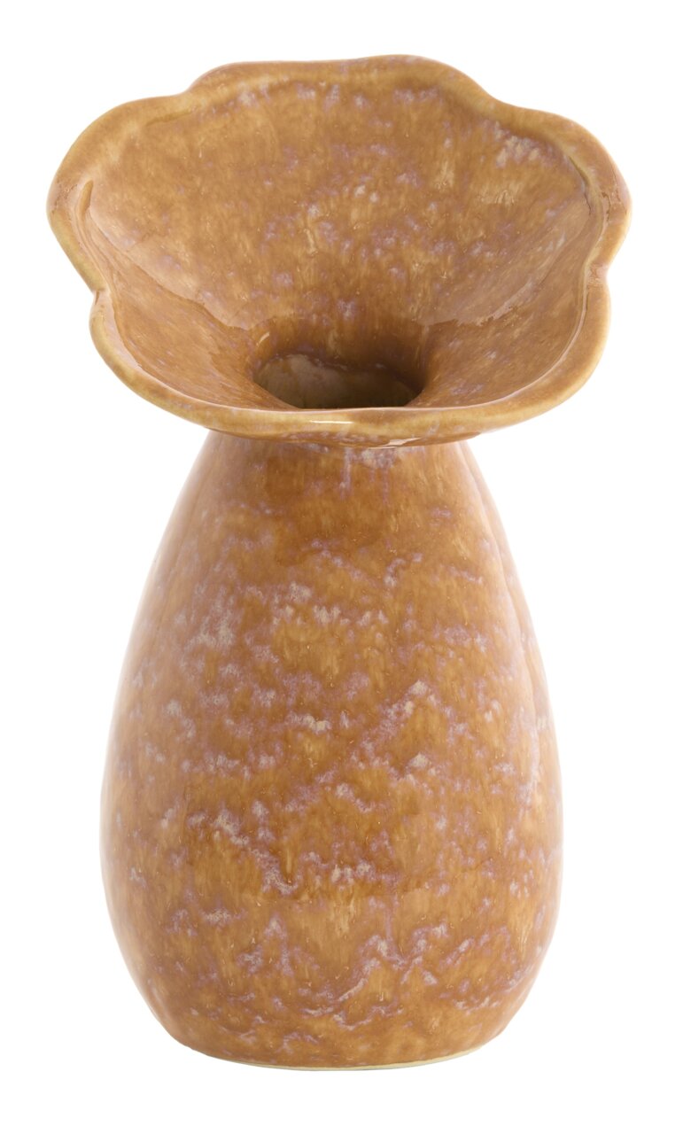 Braune Vase mit blütenförmiger Öffnung, aus der Frontalperspektive fotografiert.