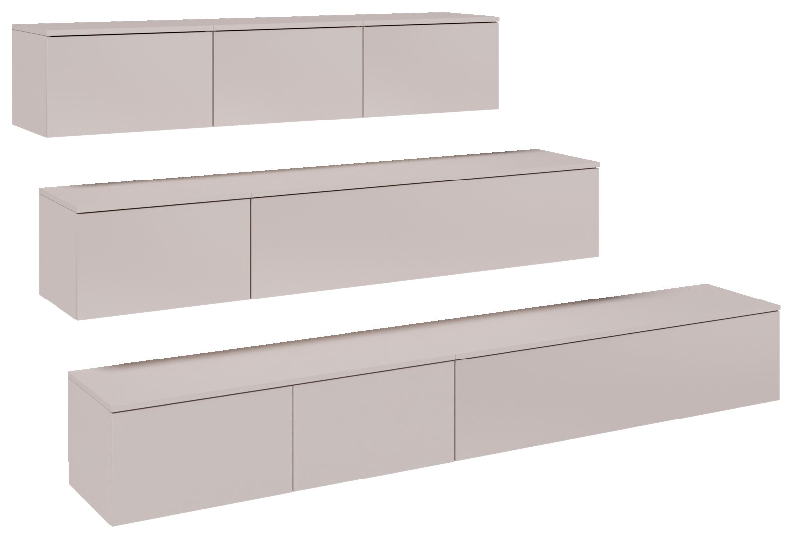 Minimalistisches, schwebendes Wandboard/Sideboard in Hellgrau mit glatten, grifflosen Fronten (3-türig), dargestellt in schräger Frontansicht von links oben.