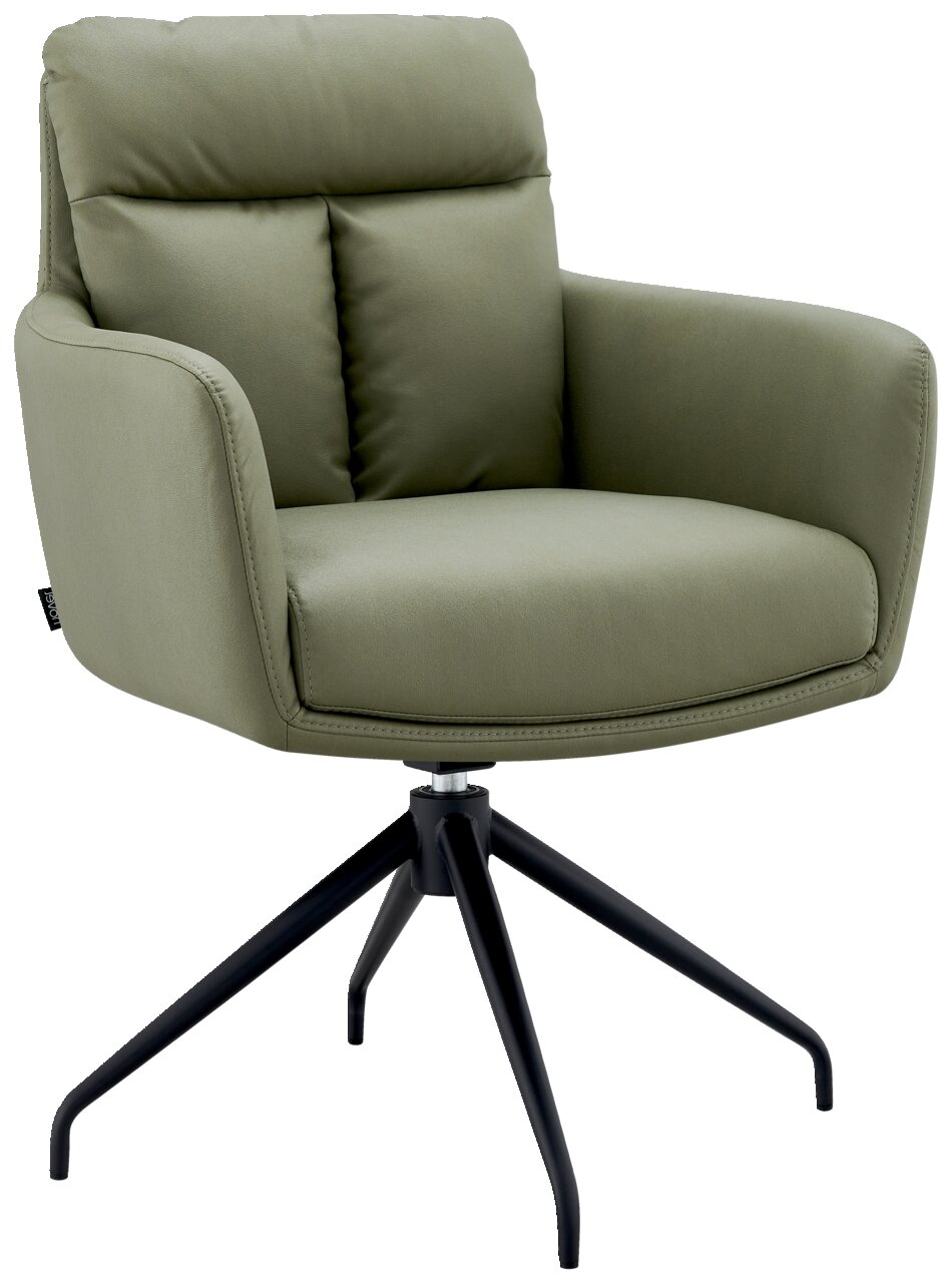 Grüner Armlehnstuhl mit schwarzem Metallgestell, Vorderansicht