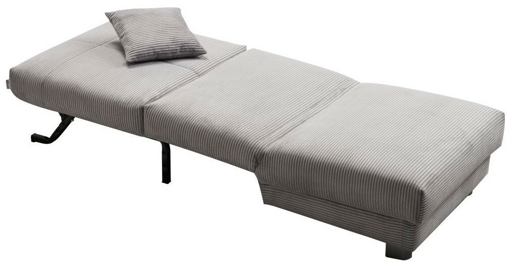 Grauer Funktionssessel in Liegeposition mit gestreiftem Stoffbezug und Kissen, seitliche Perspektive