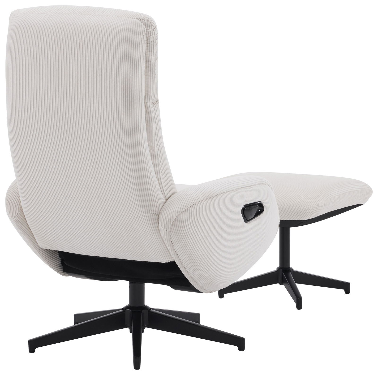 Rückansicht eines weißen Relaxsessels mit Hocker, beide auf schwarzen Drehgestellen.