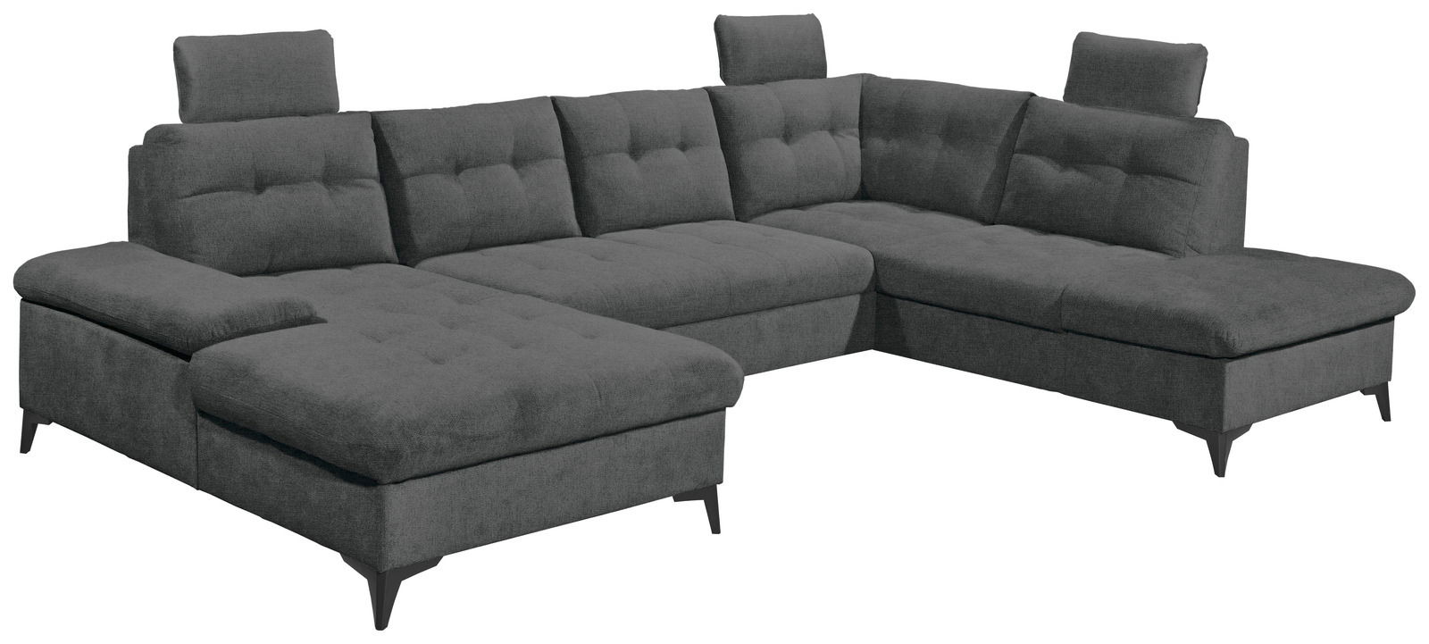 Graues Ecksofa in U-Form mit verstellbaren Kopfstützen, Ansicht von vorne links