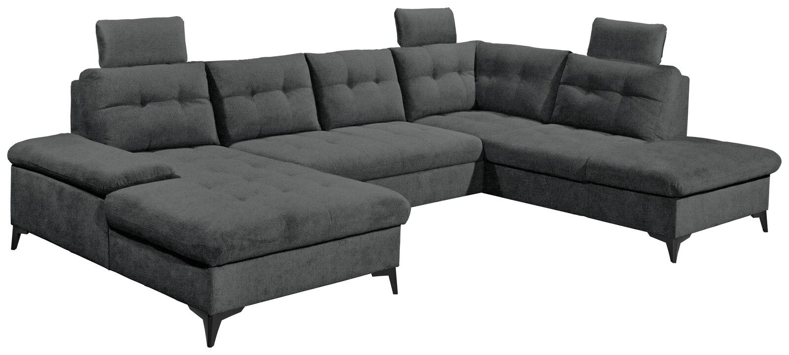 Graues Ecksofa in U-Form mit verstellbaren Kopfstützen, Ansicht von vorne links