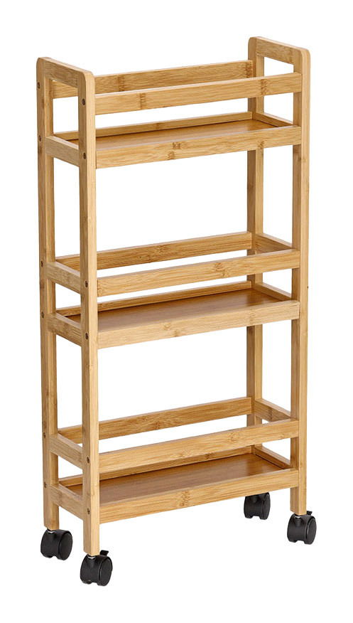 Schmaler Nischen-Rollwagen aus Holz mit vier Regalböden und Rollen, seitliche Perspektive