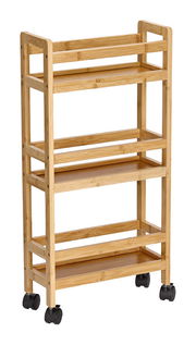 Schmaler Nischen-Rollwagen aus Holz mit vier Regalböden und Rollen, seitliche Perspektive