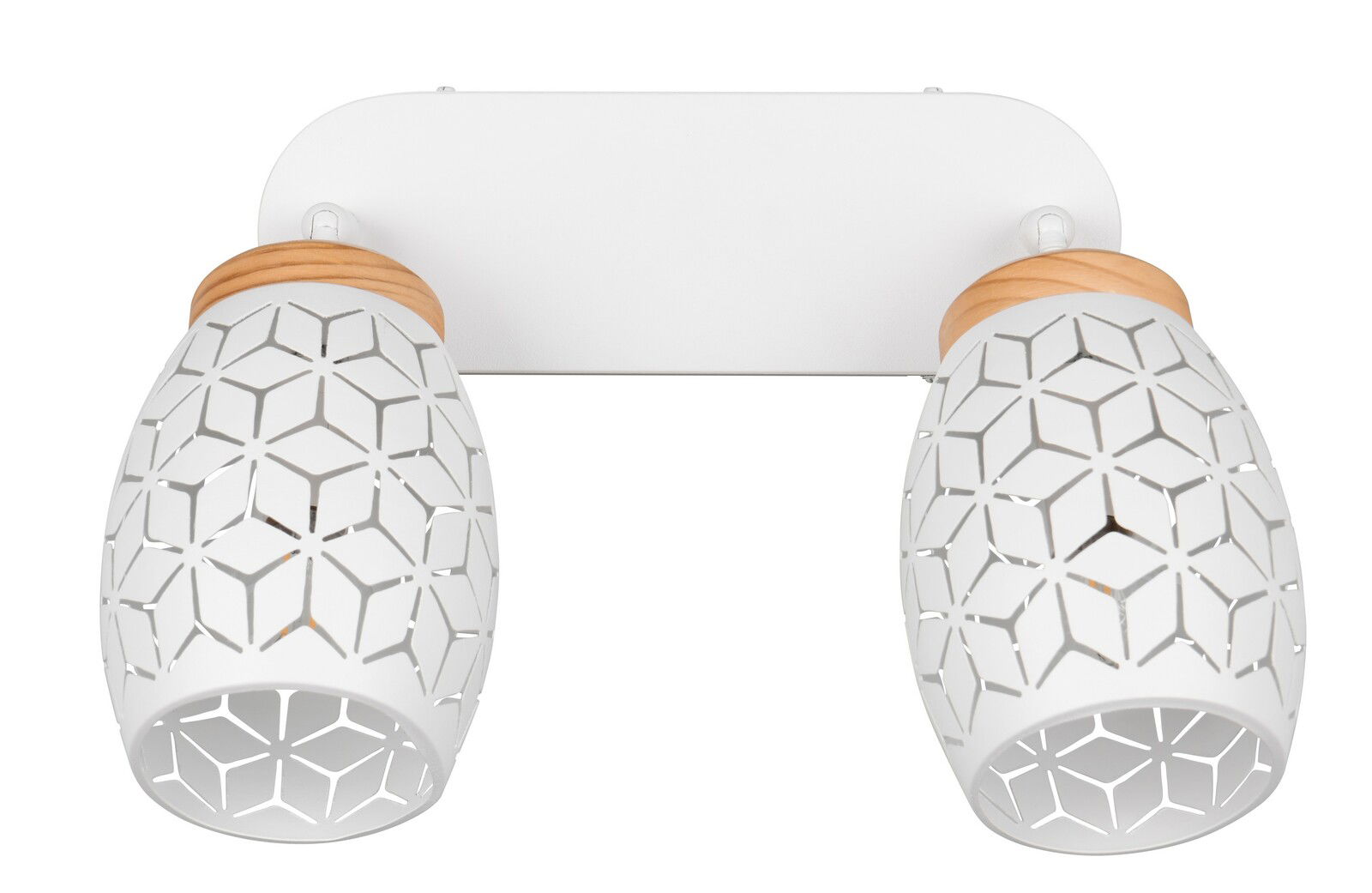 Zweiflammiger Strahler mit weißem geometrischem Muster und Holzdetails, Ansicht von vorne