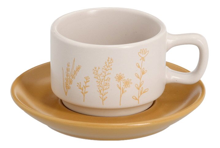 Espresso-Tasse mit Untertasse, cremefarben mit gelbem Blumenmuster, seitliche Perspektive