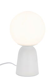 Moderne Tischleuchte mit rundem, weißem Lampenschirm und konischem Sockel, seitliche Perspektive.