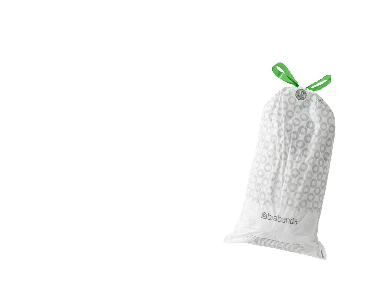 Müllbeutel mit grünem Zugband, schräg von vorne fotografiert