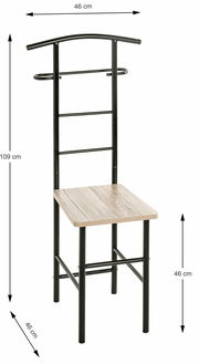 Herrendiener aus Metall mit Holzsitzfläche, Vorderansicht, Maße: 109 cm hoch, 46 cm breit und tief.