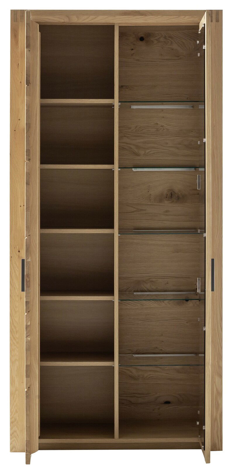 Holz-Kombivitrine mit offenen Türen, frontal betrachtet, zeigt mehrere Regalböden und Glaselemente.