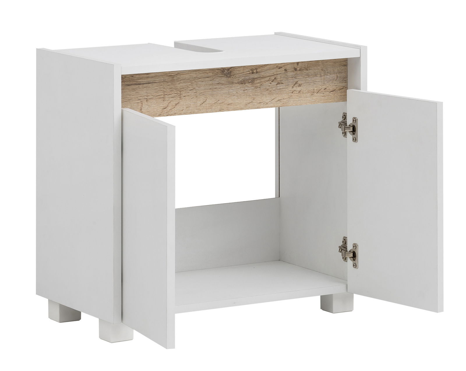 Weißer Waschbeckenunterschrank mit zwei offenen Türen, Frontansicht