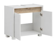 Weißer Waschbeckenunterschrank mit zwei offenen Türen, Frontansicht