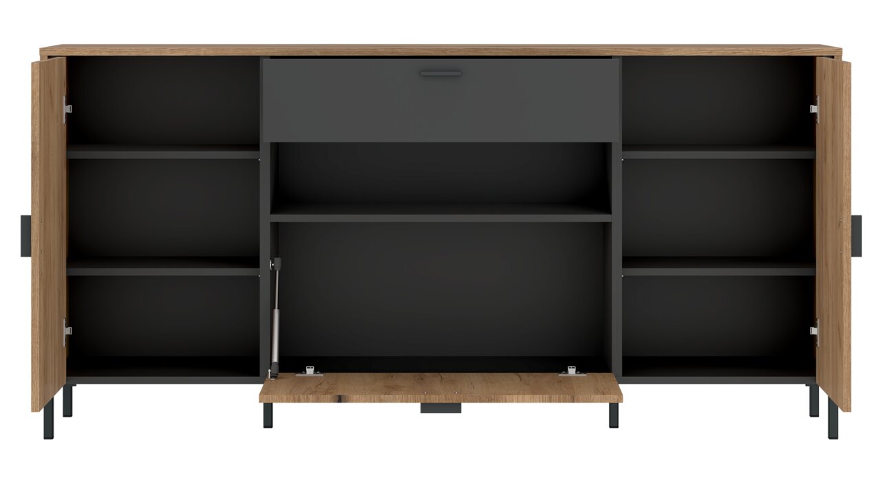 Z2 Sideboard SHIRLEY Frontale Ansicht eines Sideboards mit offenen Türen und Schubladen, in Holzoptik und dunklem Innenraum.