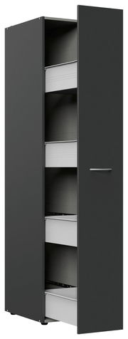 Moderner Apothekerschrank in dunklem Design mit geöffneter Tür, seitliche Perspektive