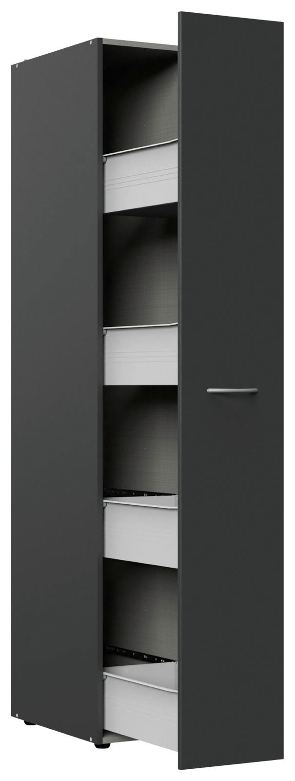 Moderner Apothekerschrank in dunklem Design mit geöffneter Tür, seitliche Perspektive