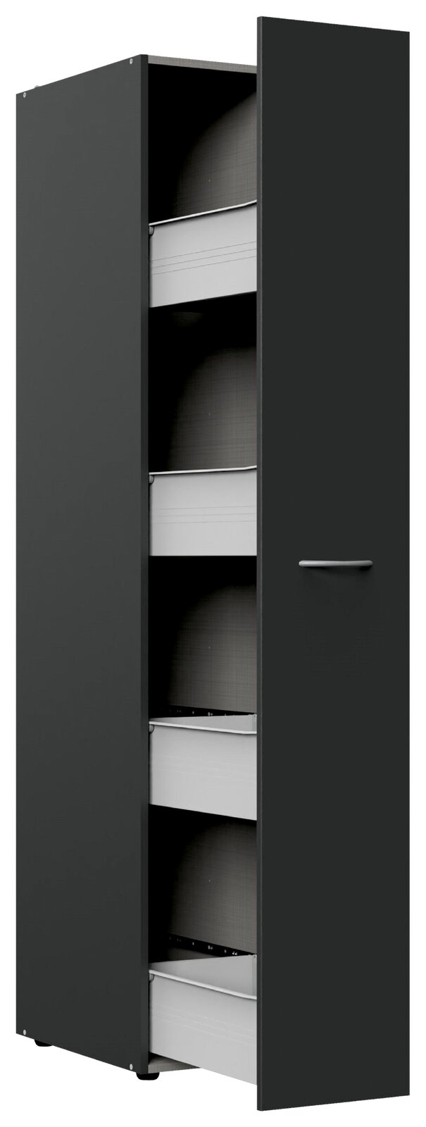 XORA Apothekerschrank MULTIRAUMKONZEPT Moderner Apothekerschrank in dunklem Design mit geöffneter Tür, seitliche Perspektive