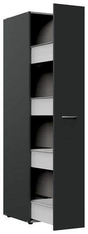 Moderner Apothekerschrank in dunklem Design mit geöffneter Tür, seitliche Perspektive