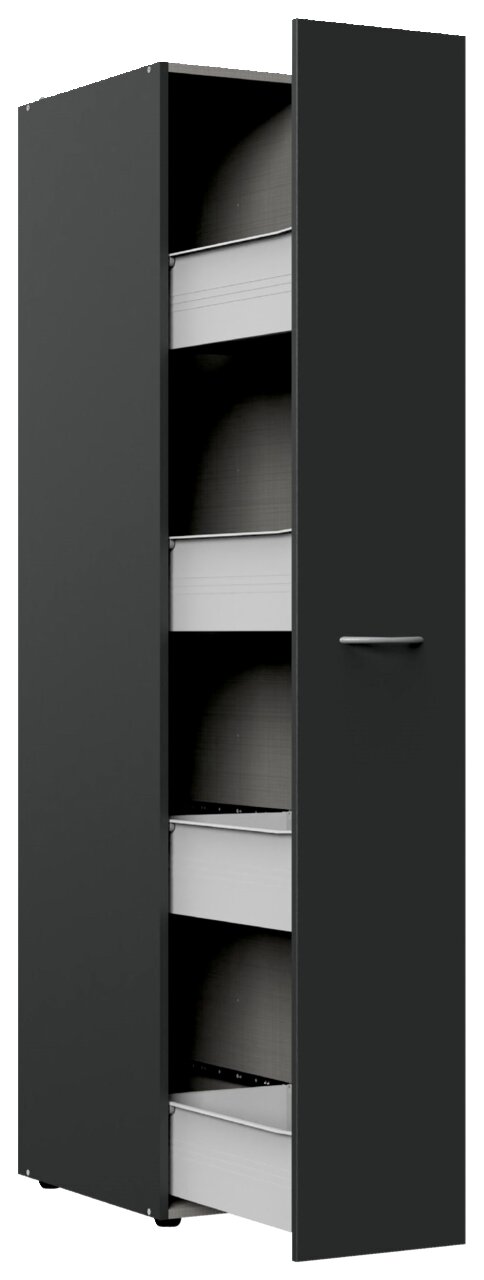 Moderner Apothekerschrank in dunklem Design mit geöffneter Tür, seitliche Perspektive