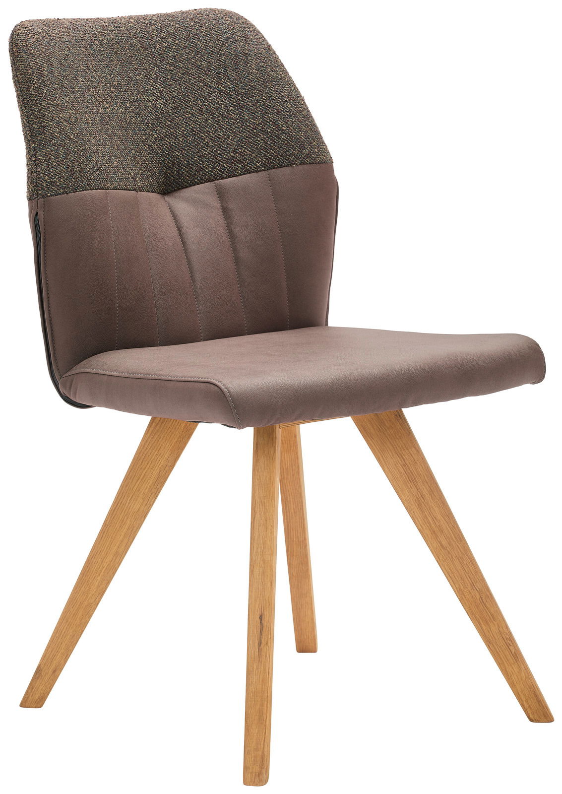 Moderner Stuhl mit gepolsterter Rückenlehne und Sitzfläche in Braun, Holzbeine, seitliche Perspektive