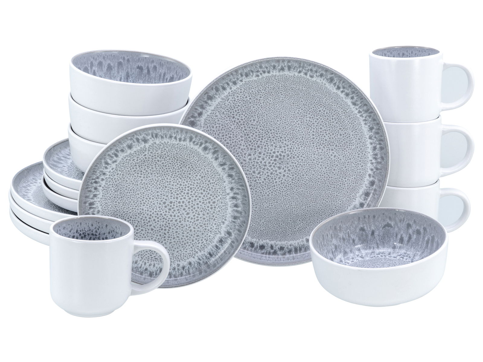 Kombiservice 16-tlg. Stone in grauer Steinoptik, bestehend aus Tellern, Schalen und Tassen, frontal abgebildet.