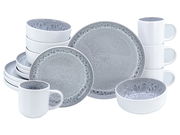 Kombiservice 16-tlg. Stone in grauer Steinoptik, bestehend aus Tellern, Schalen und Tassen, frontal abgebildet.