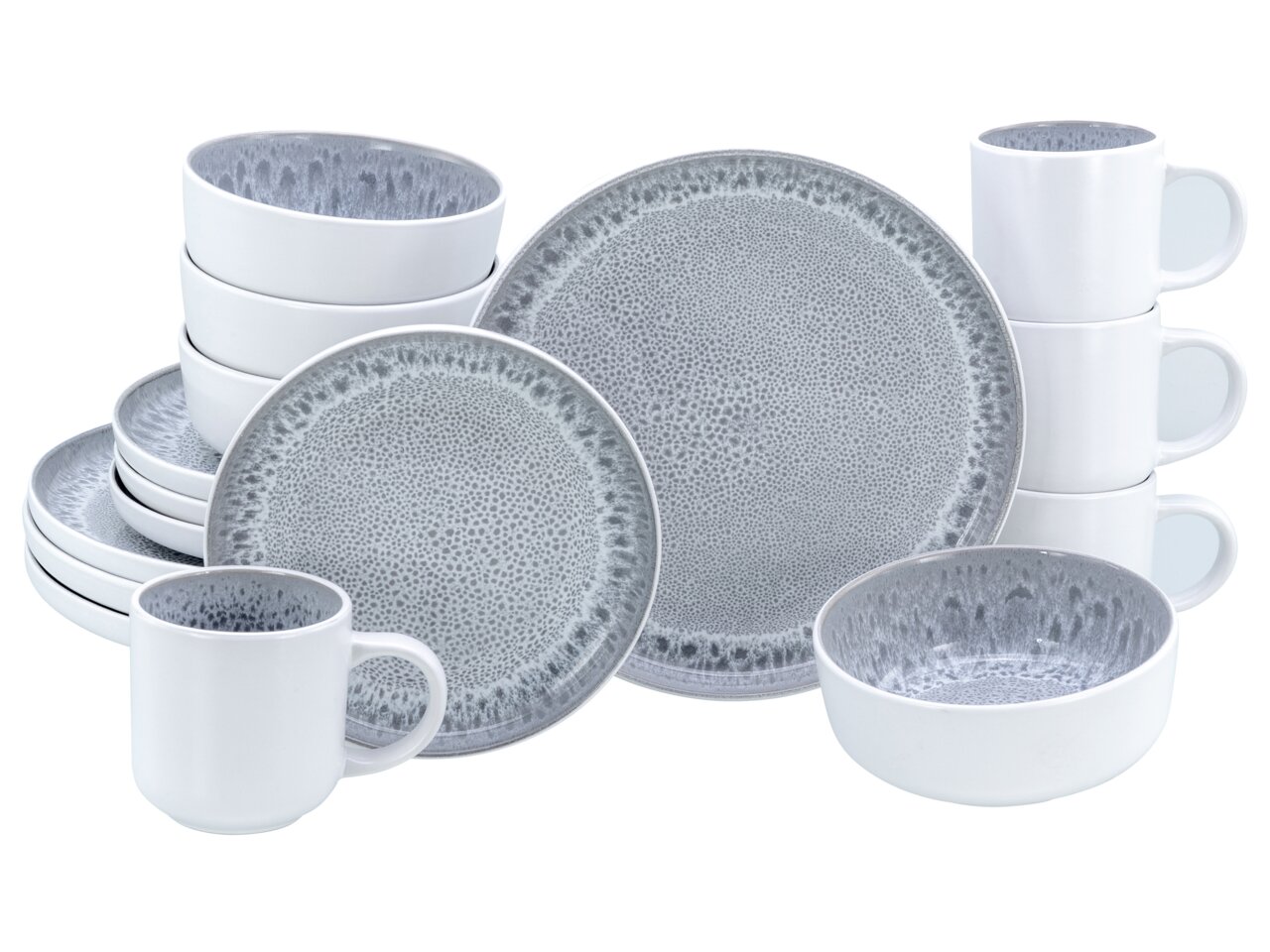 Creatable Kombiservice 16-tlg. NORDIC FJORD Kombiservice 16-tlg. Stone in grauer Steinoptik, bestehend aus Tellern, Schalen und Tassen, frontal abgebildet.