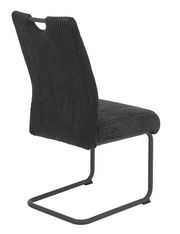 Rückansicht eines modernen Schwingstuhls mit schwarzem, geripptem Stoffbezug und schwarzem Metallgestell.