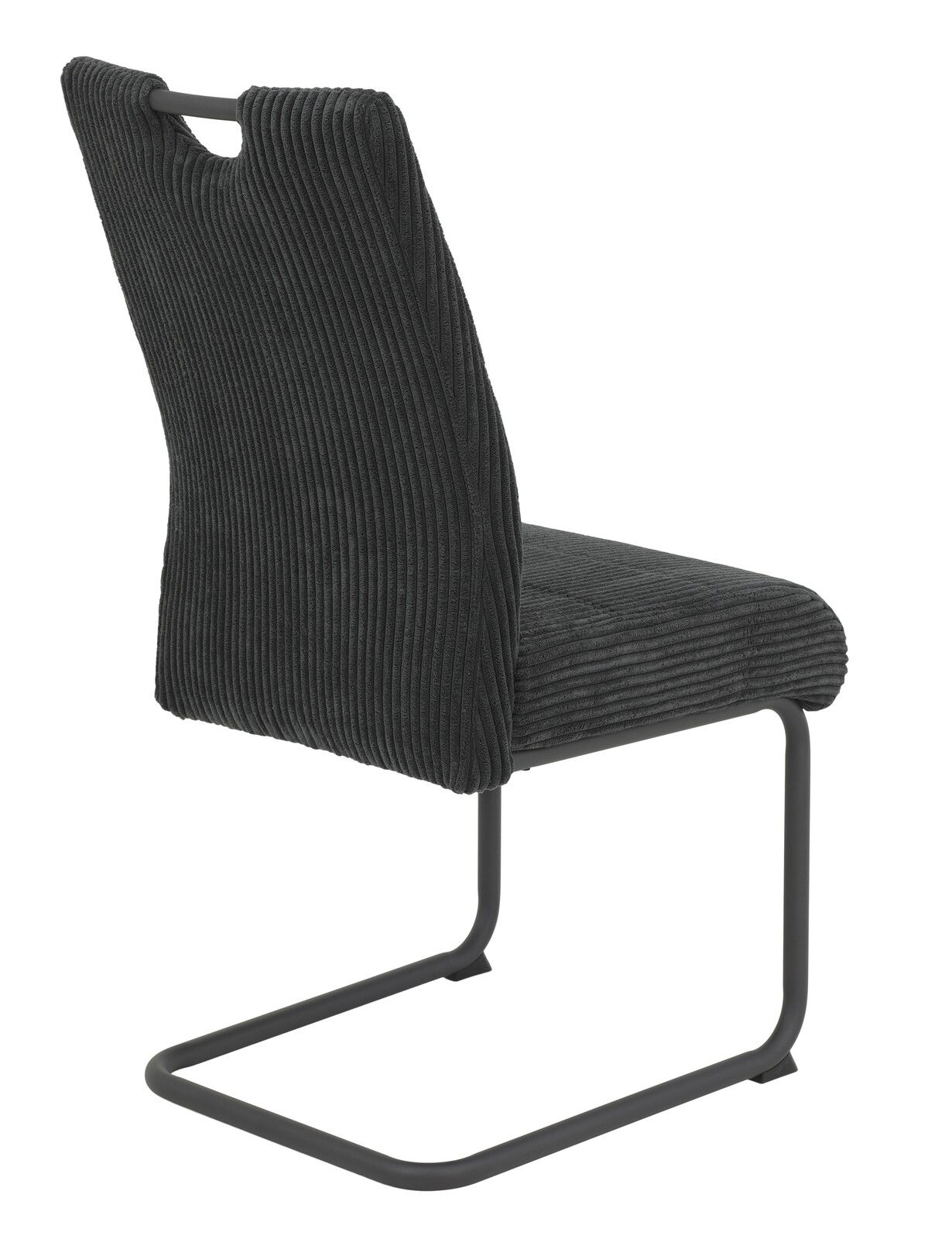 Rückansicht eines modernen Schwingstuhls mit schwarzem, geripptem Stoffbezug und schwarzem Metallgestell.