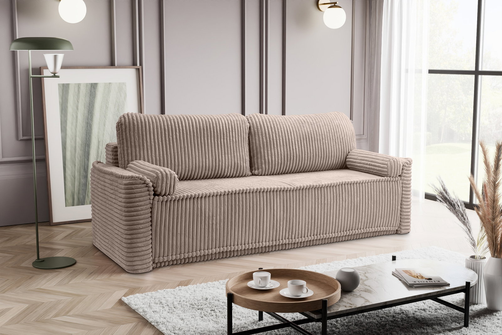 Beiges Schlafsofa mit geripptem Stoffbezug, seitliche Perspektive, in einem modernen Wohnzimmer mit dekorativen Elementen.