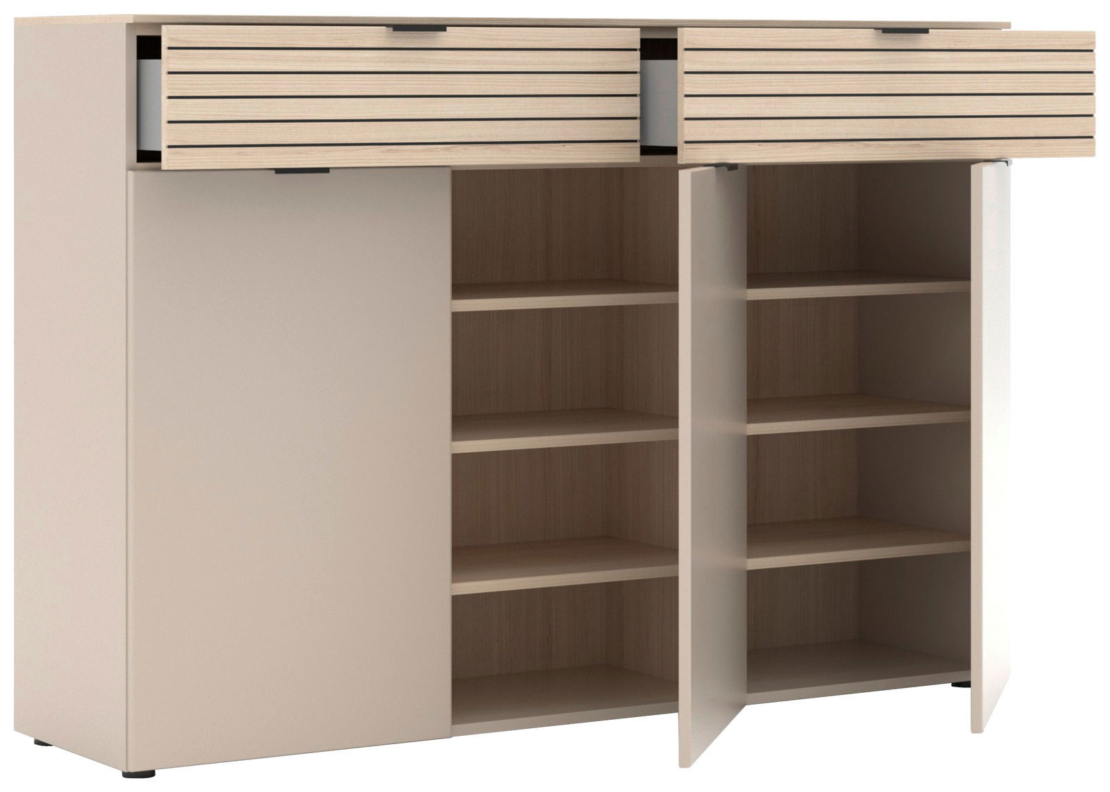 Moderner XL-Schuhschrank mit offenen Türen und Schubladen, Frontansicht