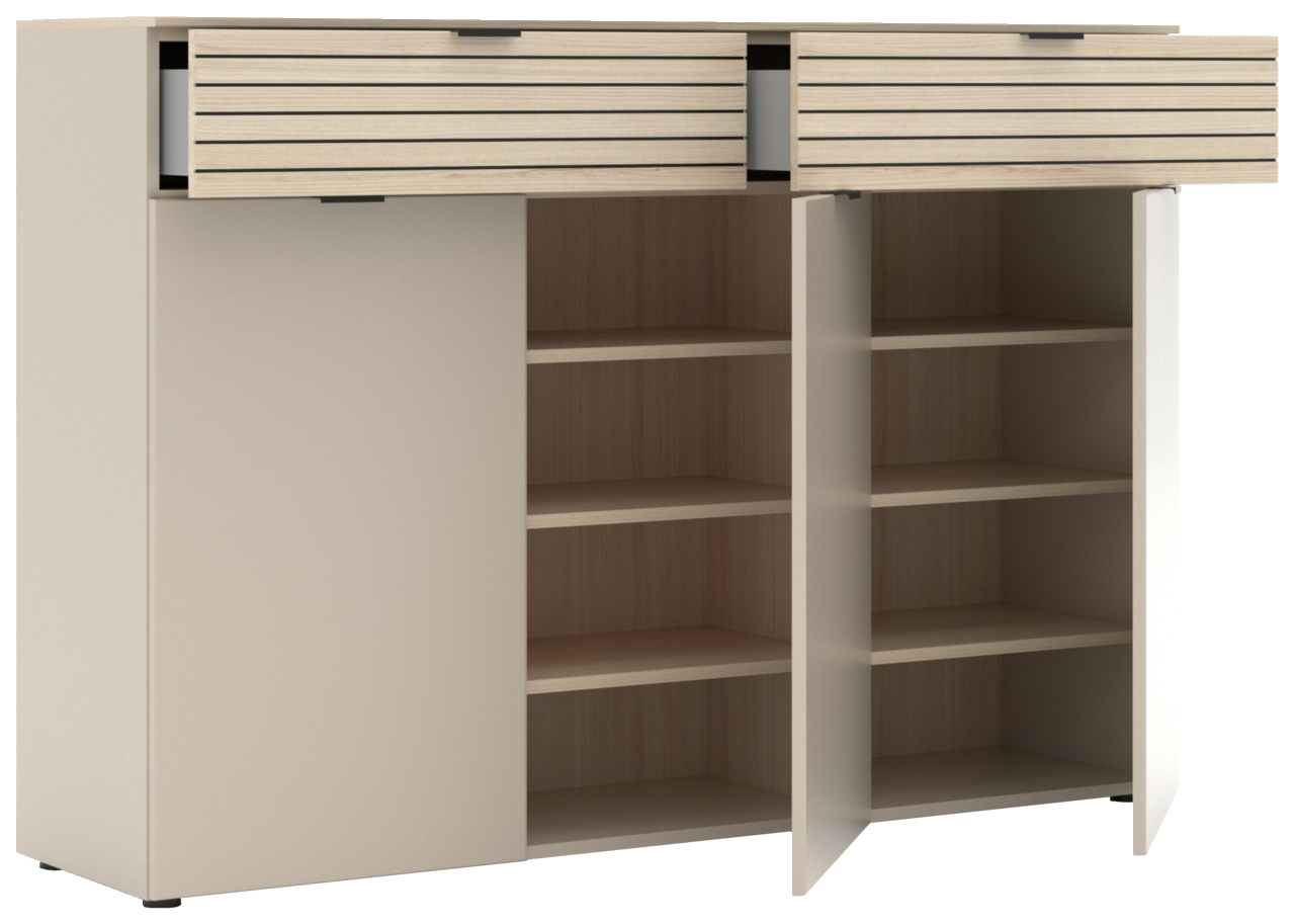 Moderner XL-Schuhschrank mit offenen Türen und Schubladen, Frontansicht