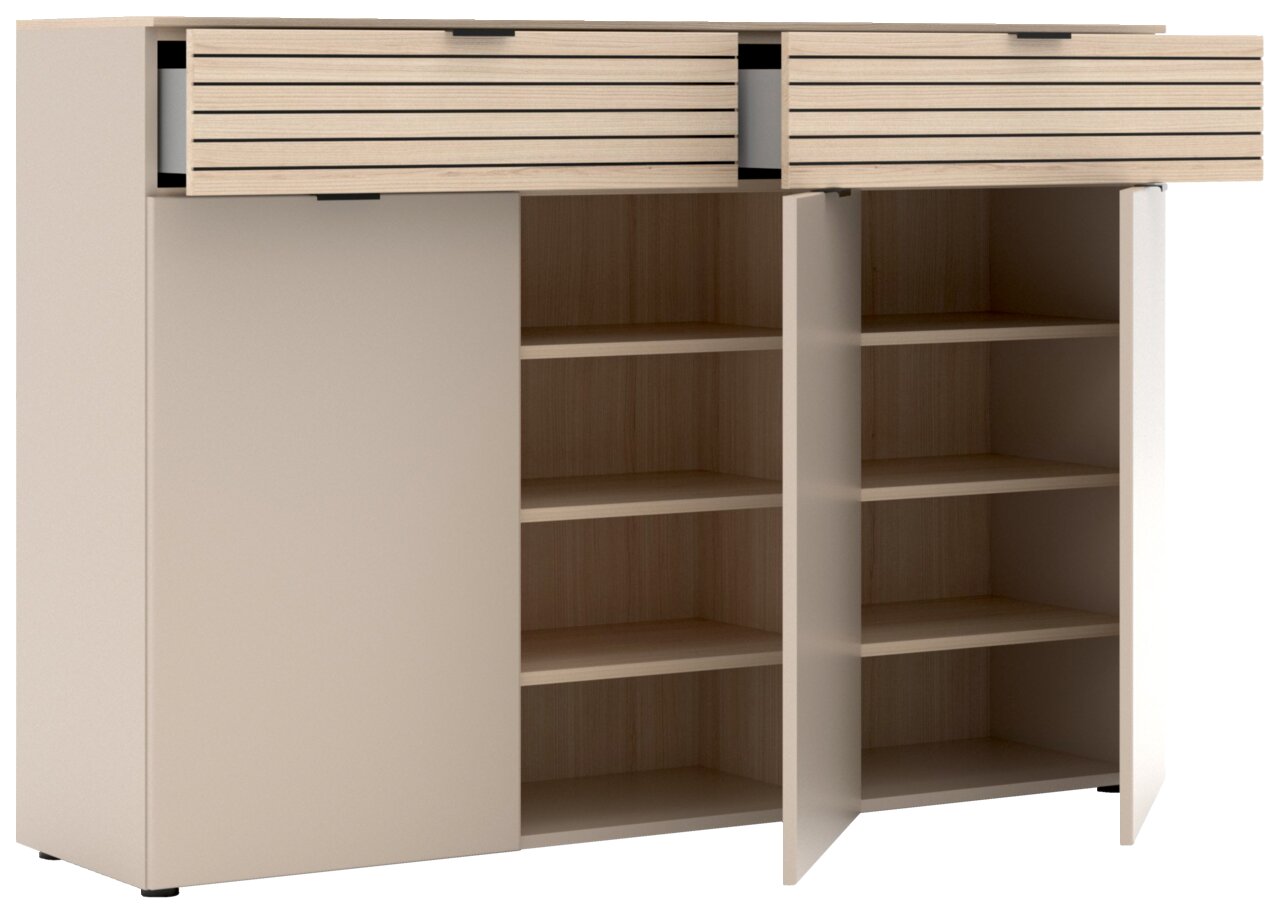 Moderner XL-Schuhschrank mit offenen Türen und Schubladen, Frontansicht