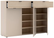 Moderner XL-Schuhschrank mit offenen Türen und Schubladen, Frontansicht