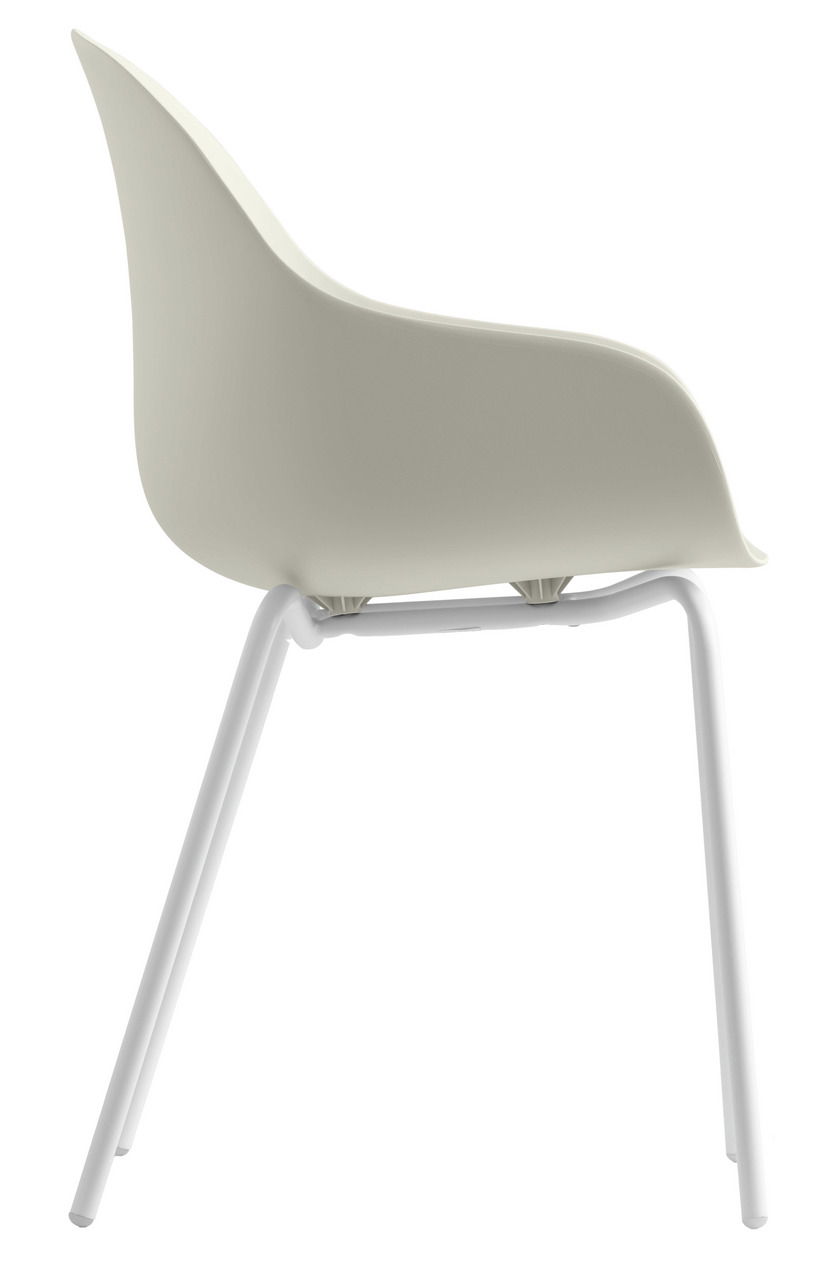 Moderner Stuhl mit geschwungener Sitzschale und weißen Metallbeinen, Seitenansicht