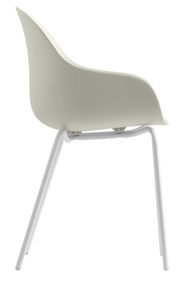 Moderner Stuhl mit geschwungener Sitzschale und weißen Metallbeinen, Seitenansicht