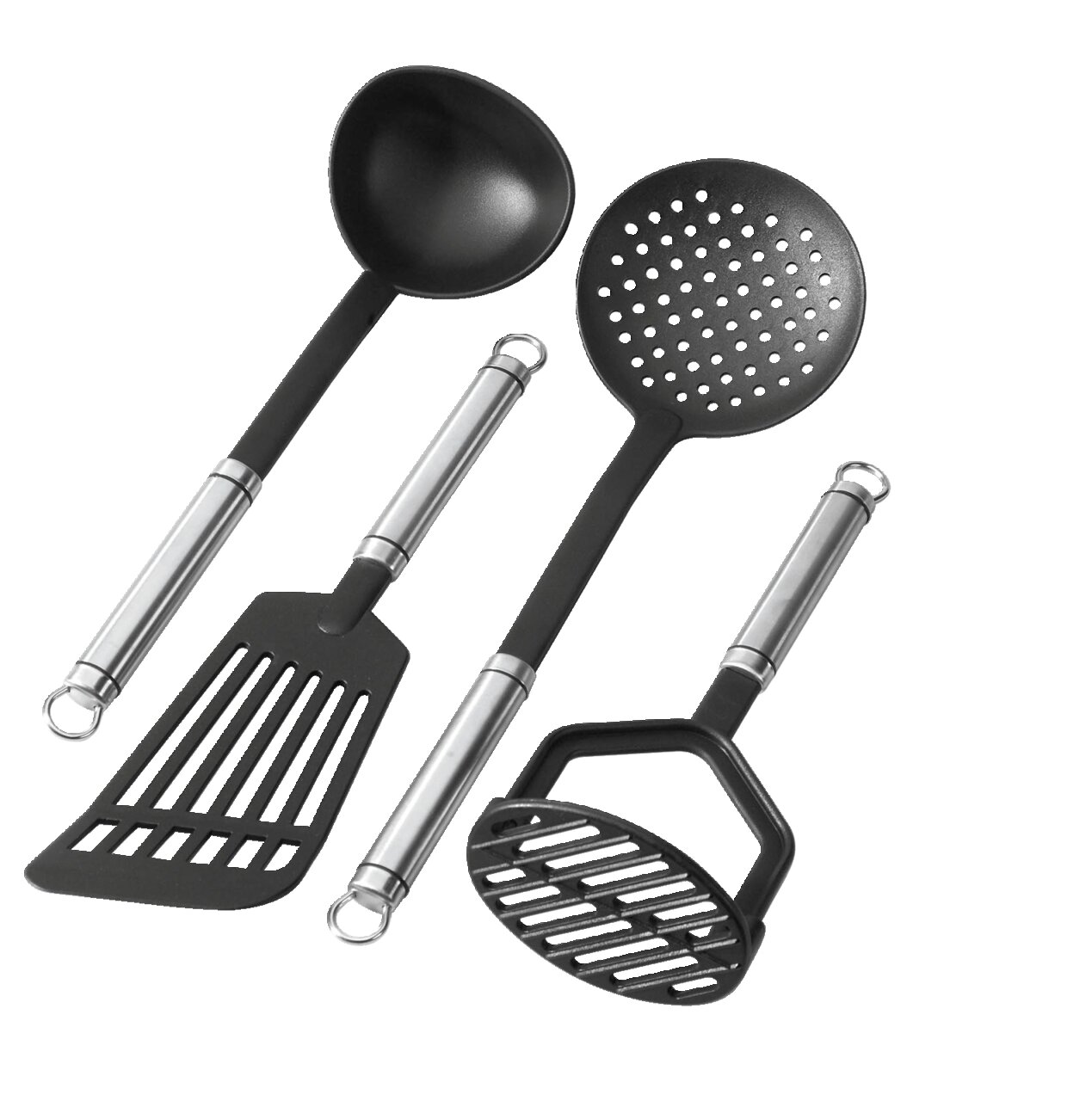 Küchenutensilien-Set bestehend aus einem Suppenschöpfer, einem Schaumlöffel, einem Pfannenwender und einem Kartoffelstampfer, aus schwarzem Nylon mit Edelstahlgriffen, aus der Vogelperspektive fotografiert.