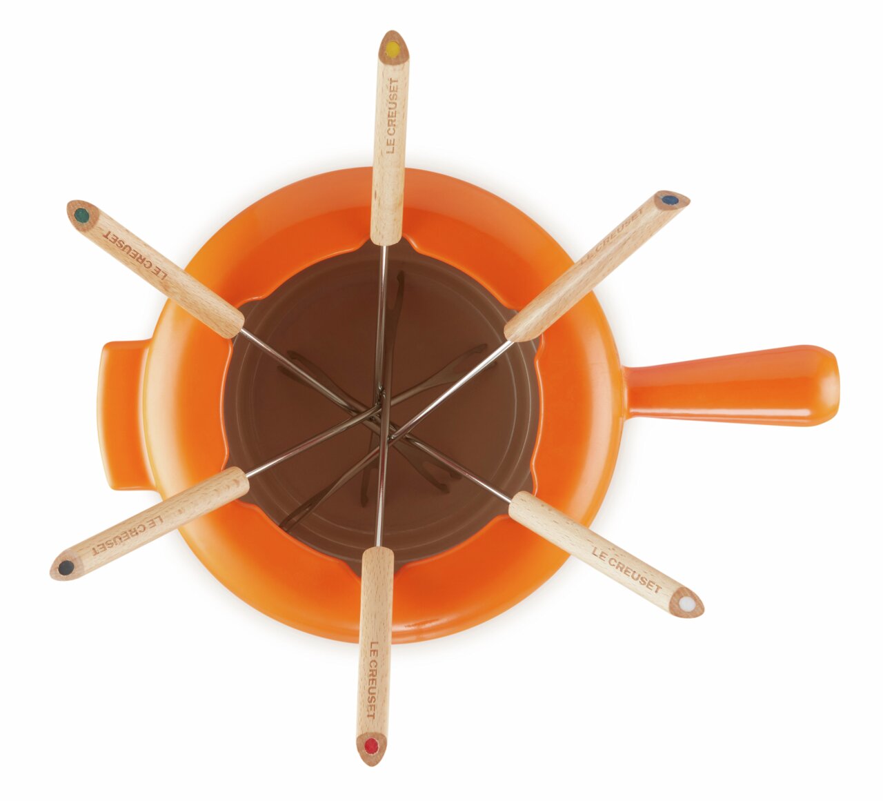 Käsefondue Set Flame ofenrot von oben mit sechs Fonduegabeln