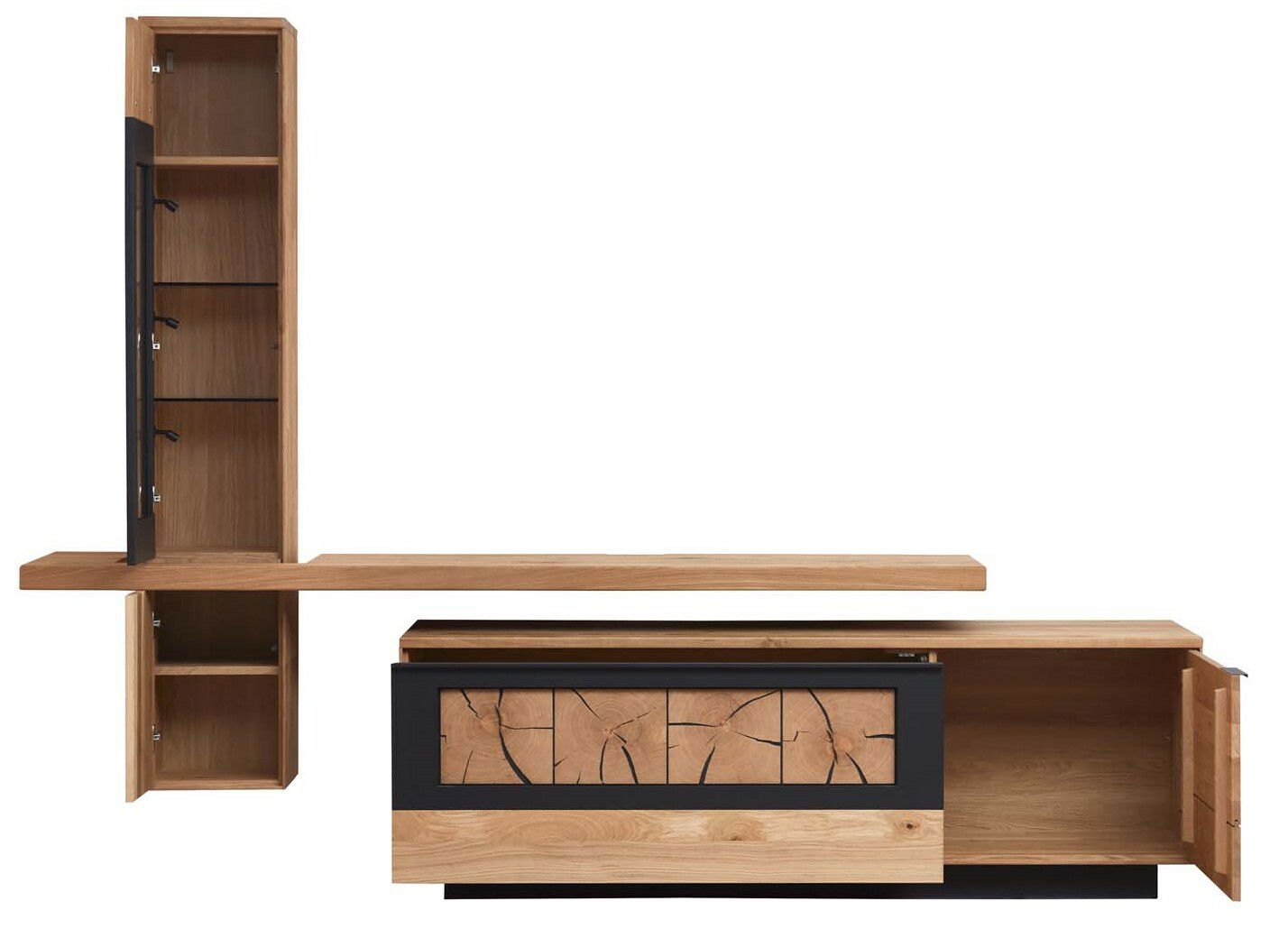 Wöstmann Markenmöbel Wandkombination WM 1910 Frontale Ansicht einer modernen Wandkombination aus Holz mit offenen Schränken und dekorativen Elementen.