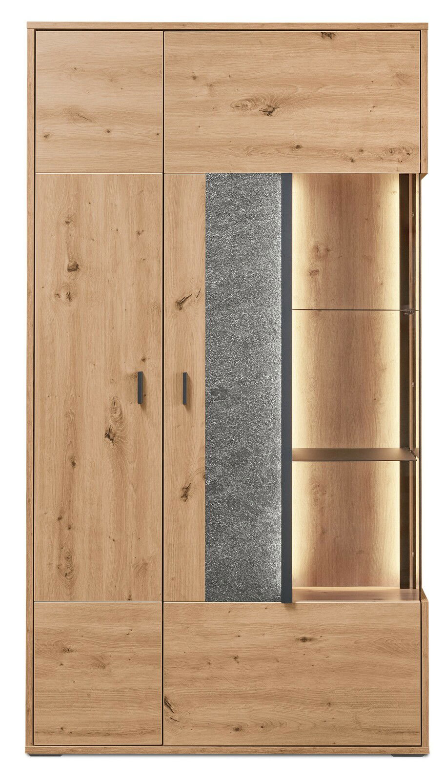 Vitrine aus Holz mit Glaselementen und Beleuchtung, Frontalansicht