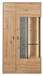 Vitrine aus Holz mit Glaselementen und Beleuchtung, Frontalansicht