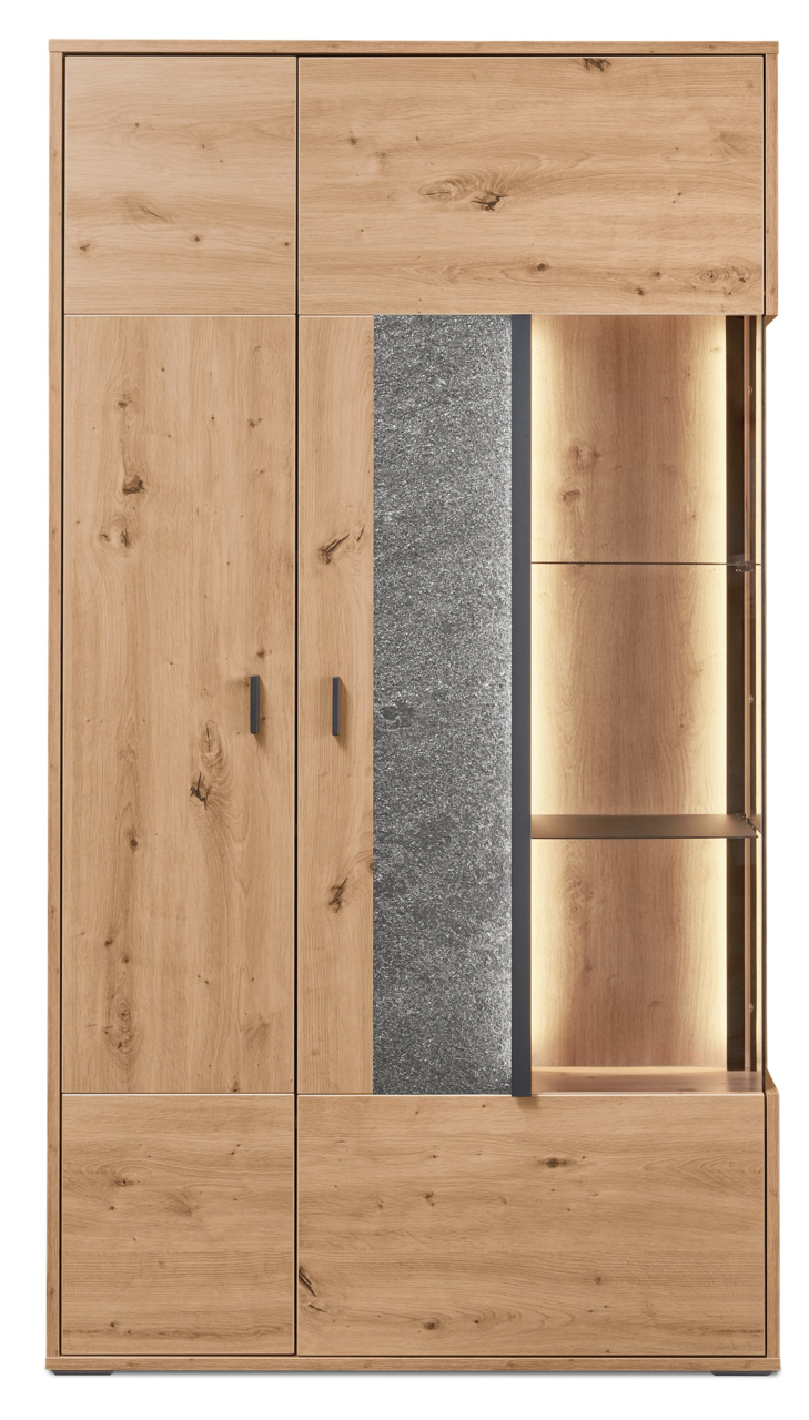 Vitrine aus Holz mit Glaselementen und Beleuchtung, Frontalansicht