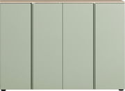 Frontansicht eines großen, modernen Schuhschranks mit vier Türen in einem sanften Grünton und einer Holzoberfläche.