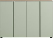 Frontansicht eines großen, modernen Schuhschranks mit vier Türen in einem sanften Grünton und einer Holzoberfläche.