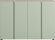 Frontansicht eines großen, modernen Schuhschranks mit vier Türen in einem sanften Grünton und einer Holzoberfläche.