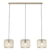 Moderne Hängeleuchte mit drei zylinderförmigen Lampenschirmen aus Metall, frontal betrachtet.