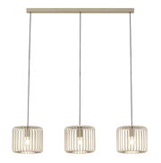 Moderne Hängeleuchte mit drei zylinderförmigen Lampenschirmen aus Metall, frontal betrachtet.