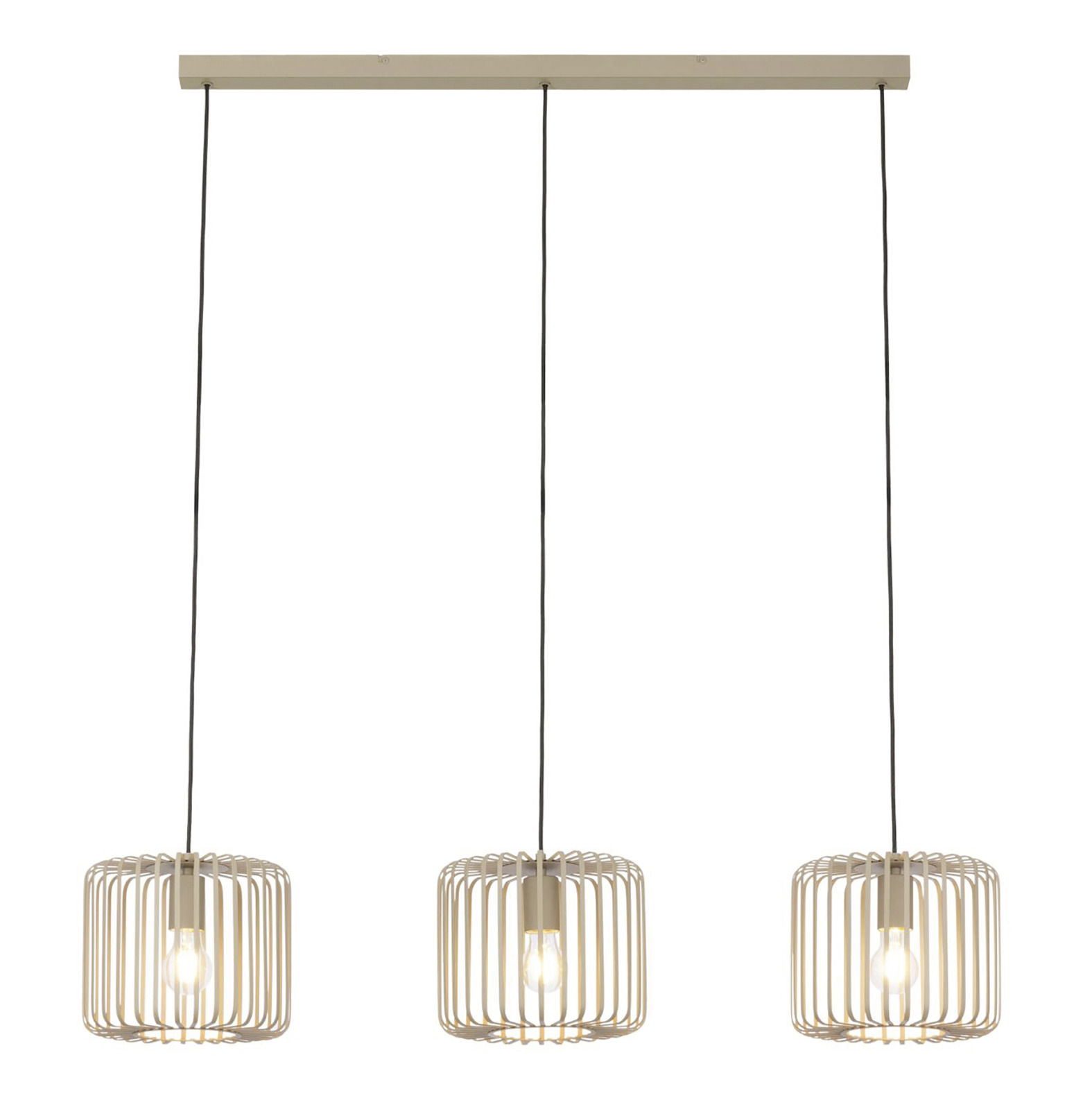 Moderne Hängeleuchte mit drei zylinderförmigen Lampenschirmen aus Metall, frontal betrachtet.