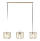 Moderne Hängeleuchte mit drei zylinderförmigen Lampenschirmen aus Metall, frontal betrachtet.