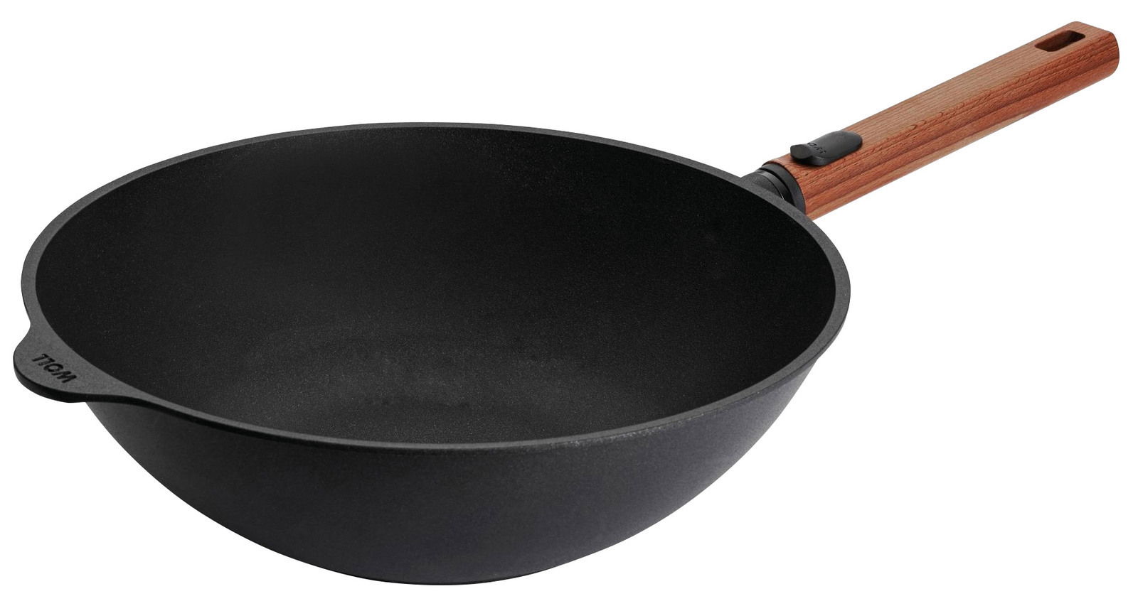 Gusseisen-Wok mit Holzgriff, seitliche Perspektive